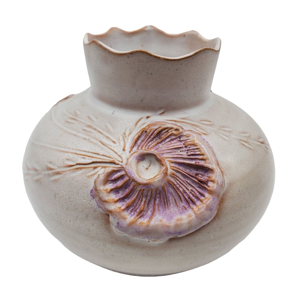 Pink Squat Pottery Vase Ceramic Raised Floral Relief Scalloped Rim Signed Retro